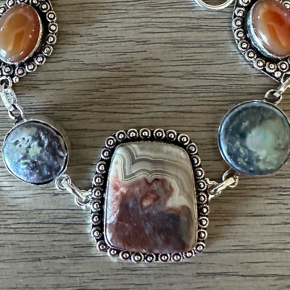 0327 Crazy Lace Agate Biwa Pearl Bracelet Handmade Silver Gemstone Jewelry - Picture 4 of 9